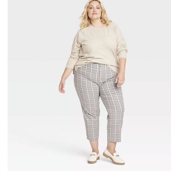 Ava & Viv  Plus Size 20 Ankle Pants Cream Plaid High-Rise Tapered - Picture 1 of 9